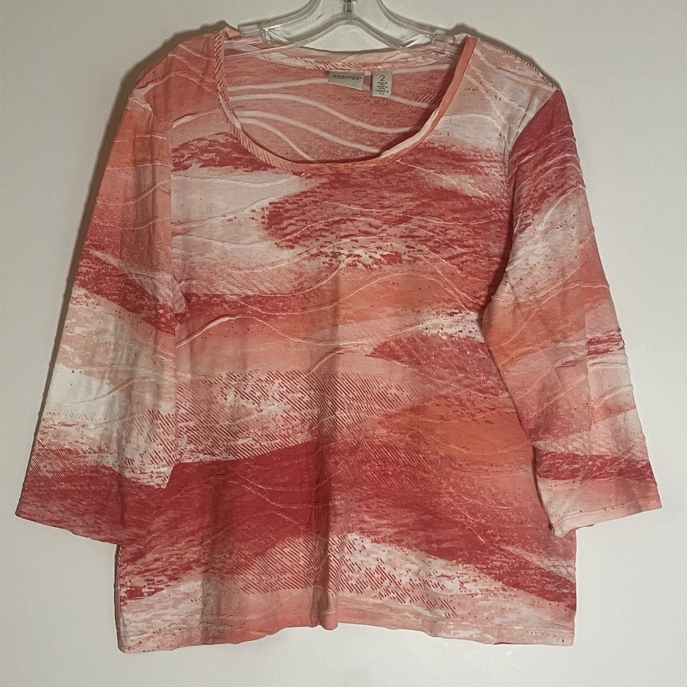 Zenergy Top Womens 2 Medium Pink Chicos Tie Dye Textured Artsy 3/4 Sleeve Casual